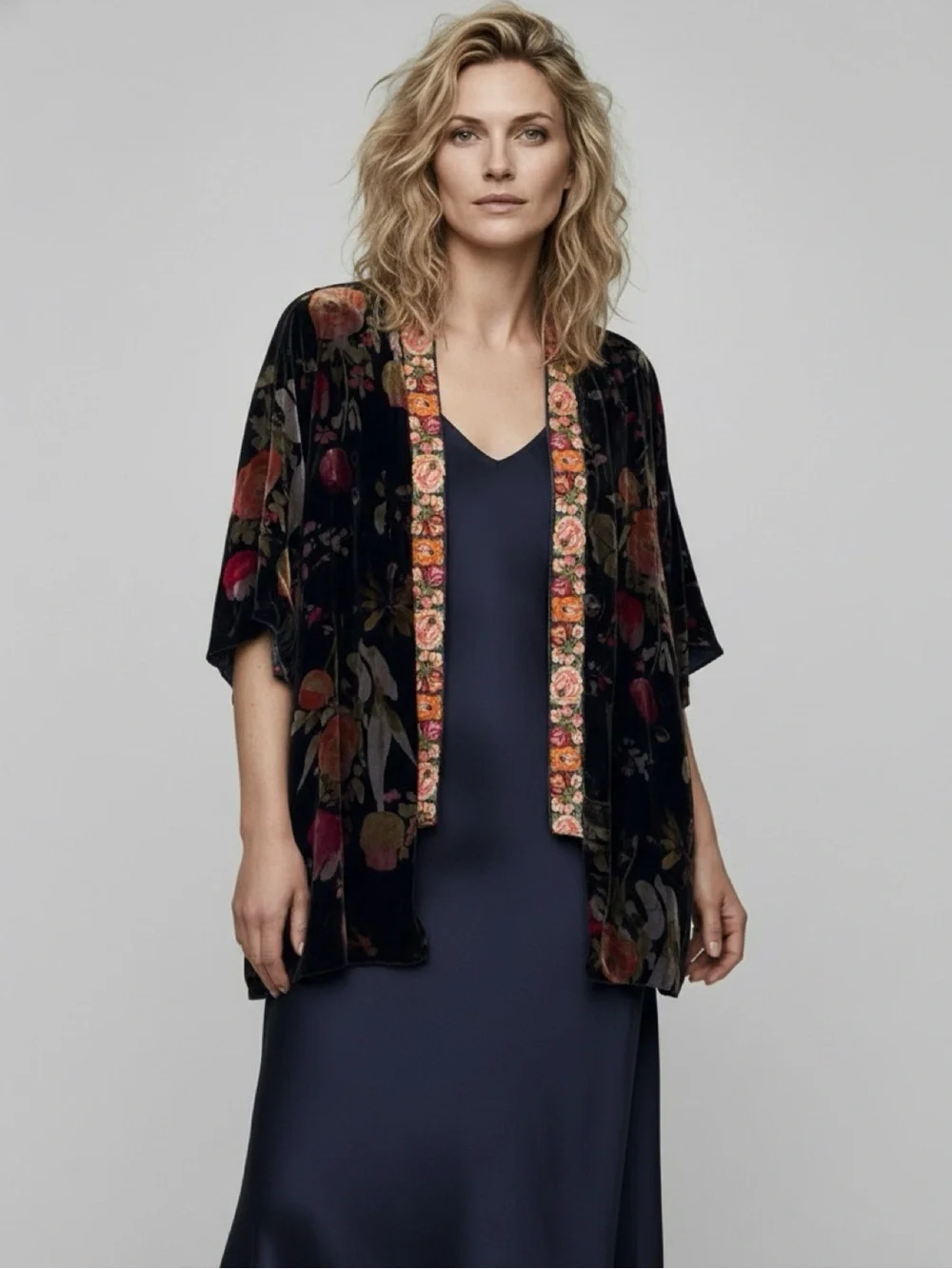 JOHNNY WAS PETITE KEHLANI REVERSIBLE FLORAL VELVET/SILK KIMONO EMBROIDERY BOHO